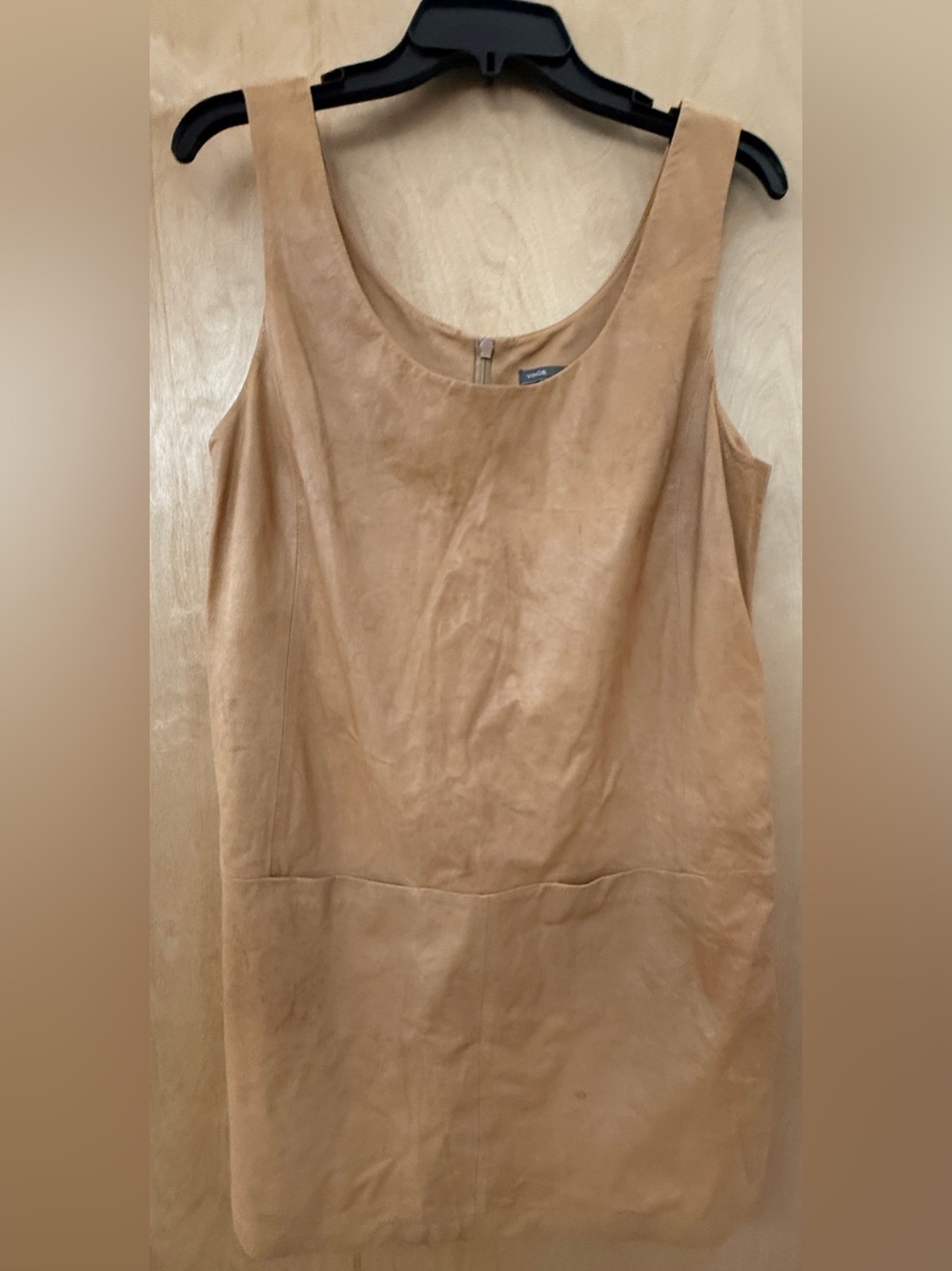 Vince Tan Leather Scoop Neck Shift Dress Front Pockets Size 12 - Picture 6 of 15
